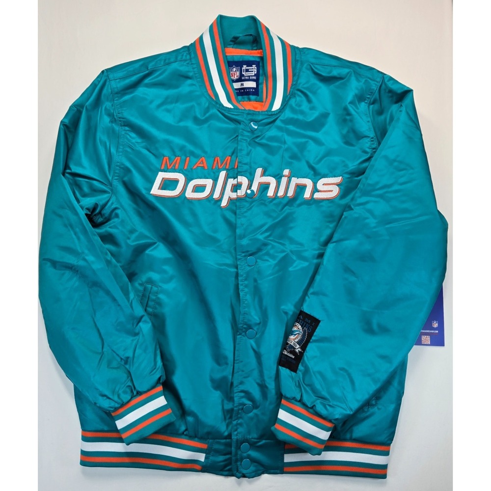 Miami Dolphins NFL Satin Bomber Jacket Ultra Game Mens Size M New With Tags